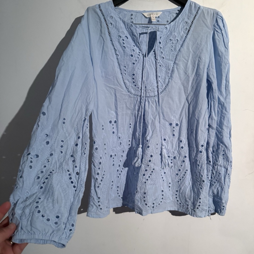 Adiva‎ Medium Top Cotton Embroidered Eyelet Light Blue Boho Balloon Sleeve